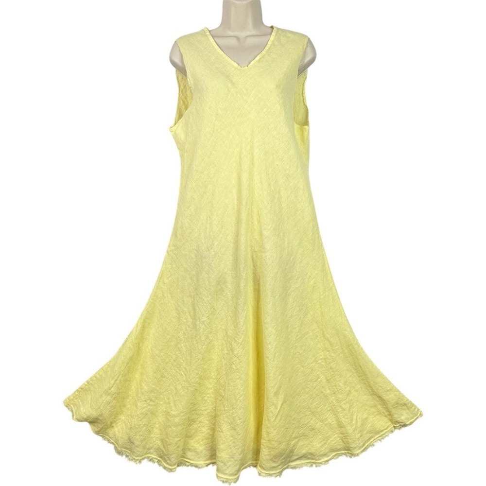 Spighe Di Lino Italy 100% Linen Maxi Dress O/S Yellow Sleeveless Raw Hem Boho
